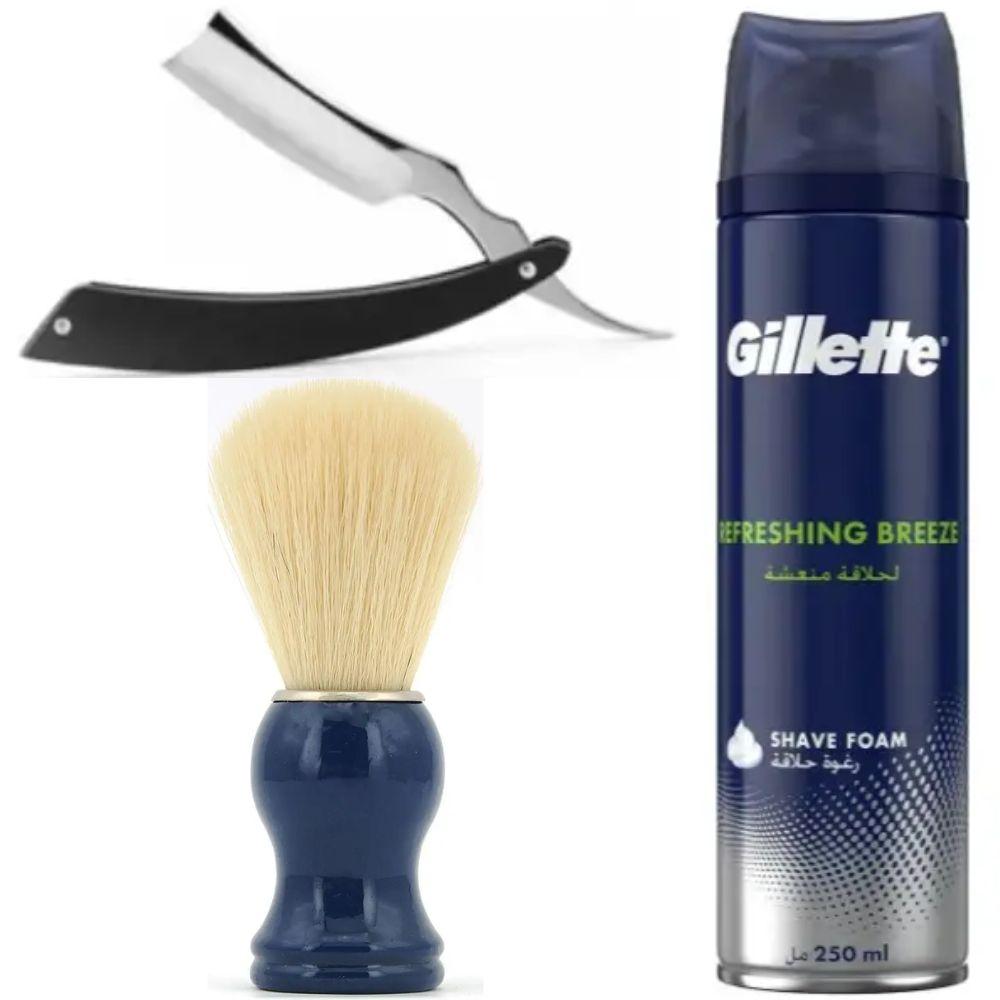 Небезпечна бритва/шавета розкладна Straight Razor + помазок SHIMA синій + піна для гоління Gillette Refreshing Breeze 250 мл, фото 1