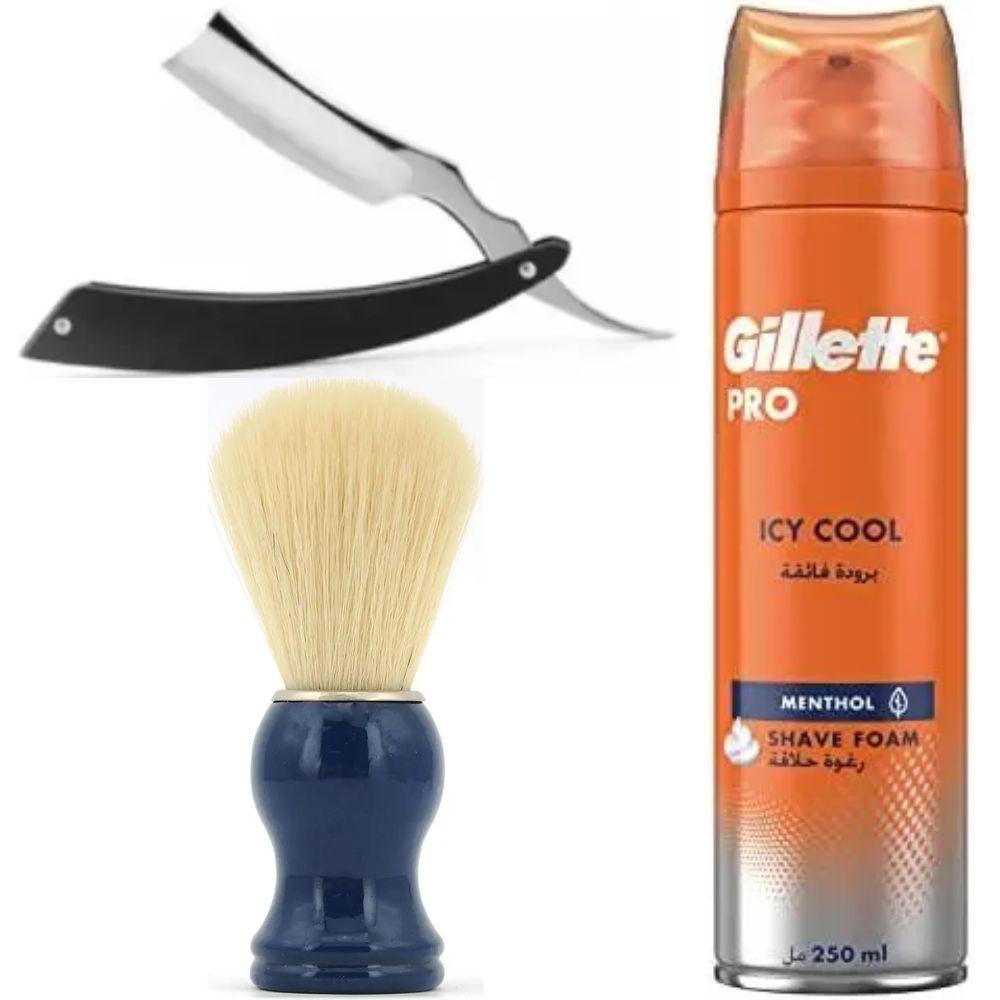 Небезпечна бритва/шавета розкладна Straight Razor + помазок SHIMA синій + піна для гоління Gillette Pro Icy Cool з ментолом, фото 1