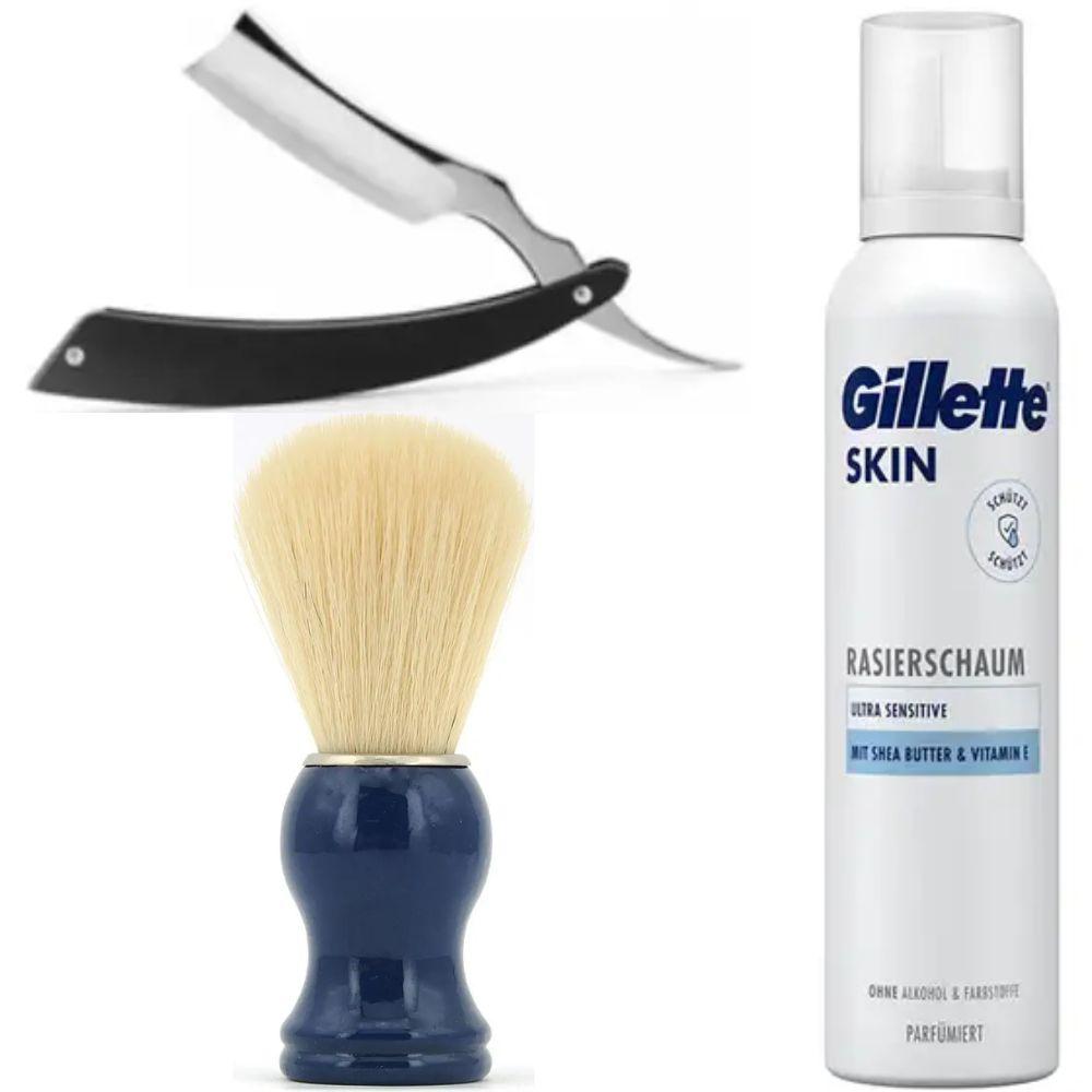 Небезпечна бритва/шавета розкладна Straight Razor + помазок SHIMA синій + піна для гоління Gillette Skin Ultra Sensitive, фото 1