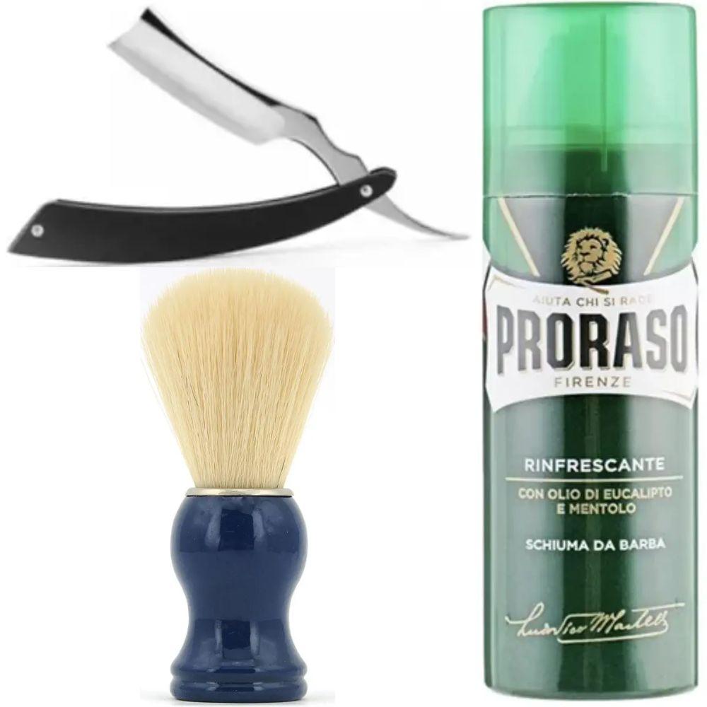 Небезпечна бритва/шавета розкладна Straight Razor + помазок SHIMA синій + піна для гоління Proraso тонізуюча евкаліпт і ментол, фото 1