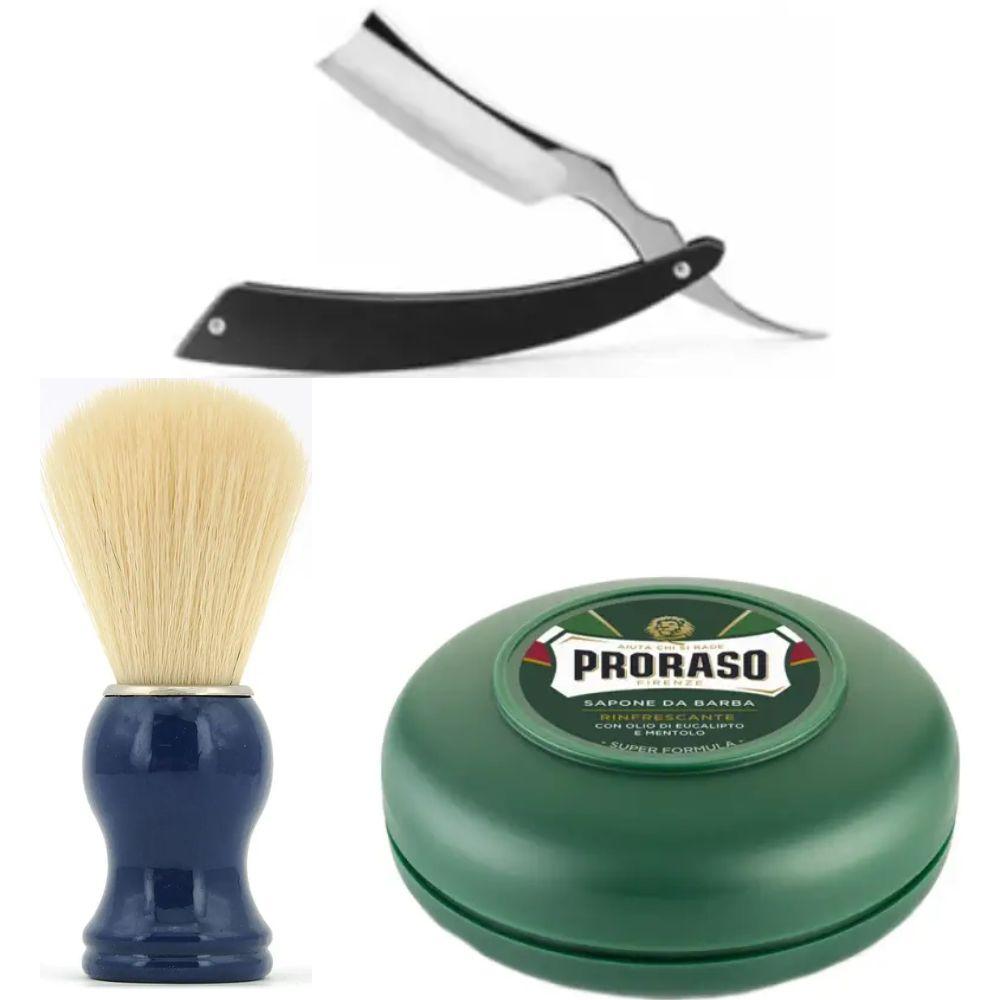 Небезпечна бритва/шавета розкладна Straight Razor + помазок SHIMA синій + мило для гоління Proraso Rinfrescante Green Eucalyptus, фото 1