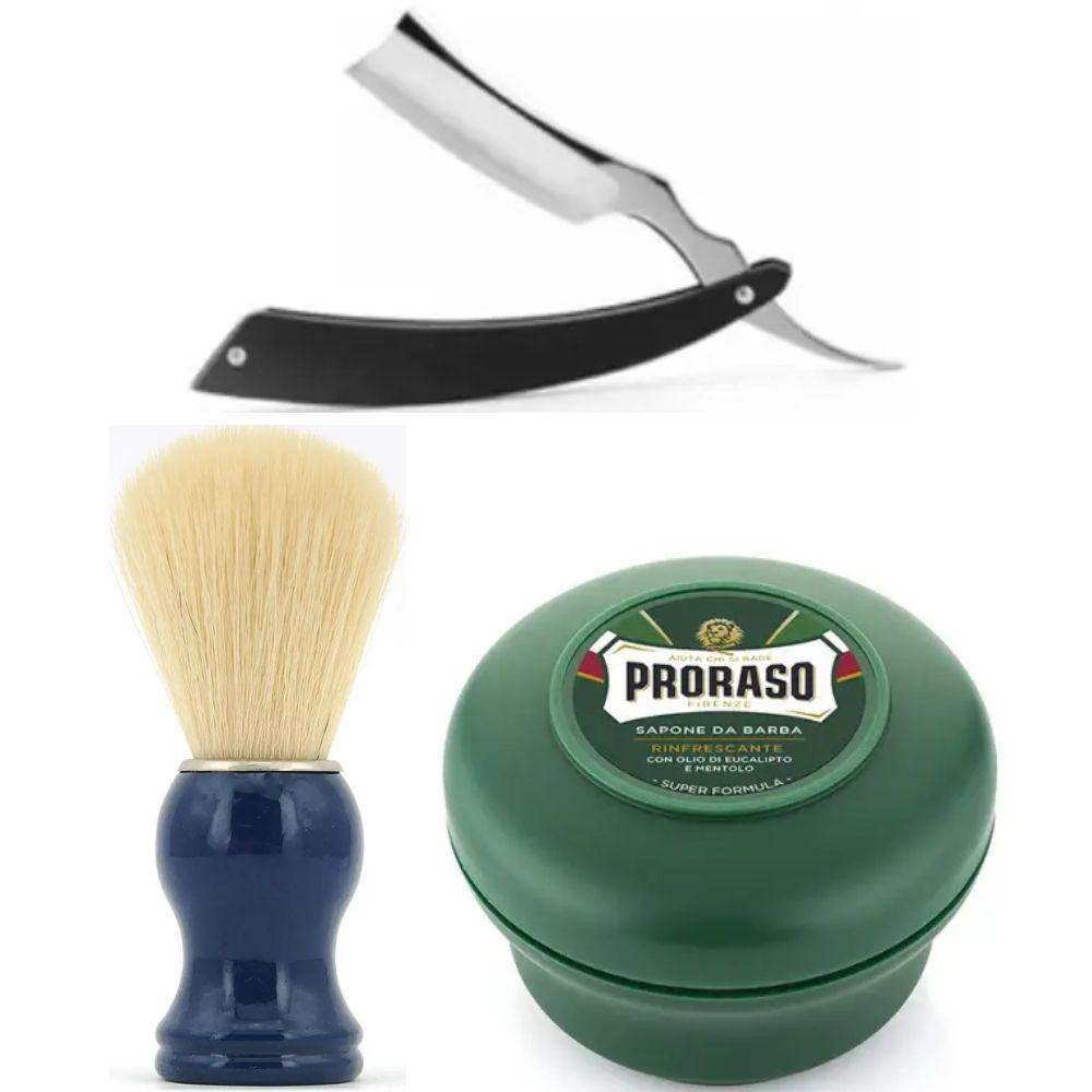 Небезпечна бритва/шавета розкладна Straight Razor + помазок SHIMA синій + мило для гоління Proraso Rinfrescante Green Eucalyptus, фото 1
