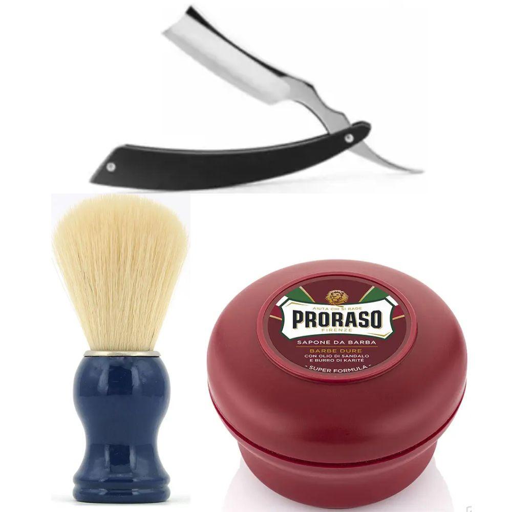 Небезпечна бритва/шавета розкладна Straight Razor + помазок SHIMA синій + мило для гоління Proraso для жорсткої щетини з маслом, фото 1