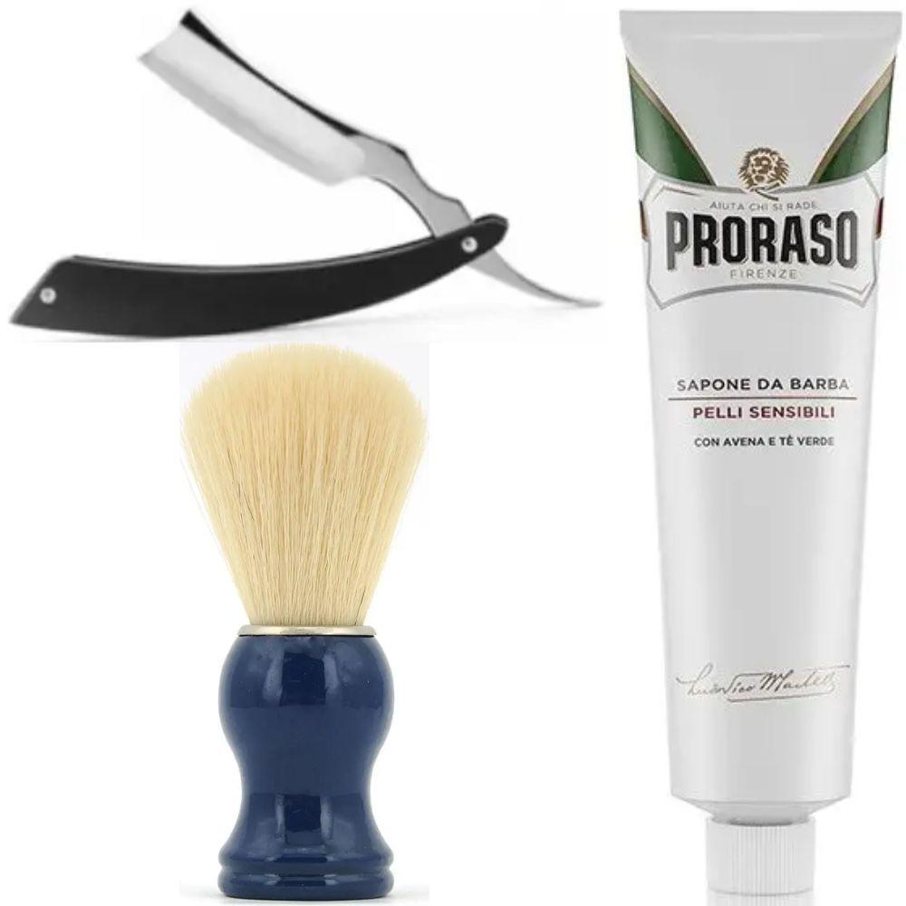Небезпечна бритва/шавета розкладна Straight Razor + SHIMA синій + крем для гоління Proraso для чутливої шкіри з зеленим чаєм, фото 1