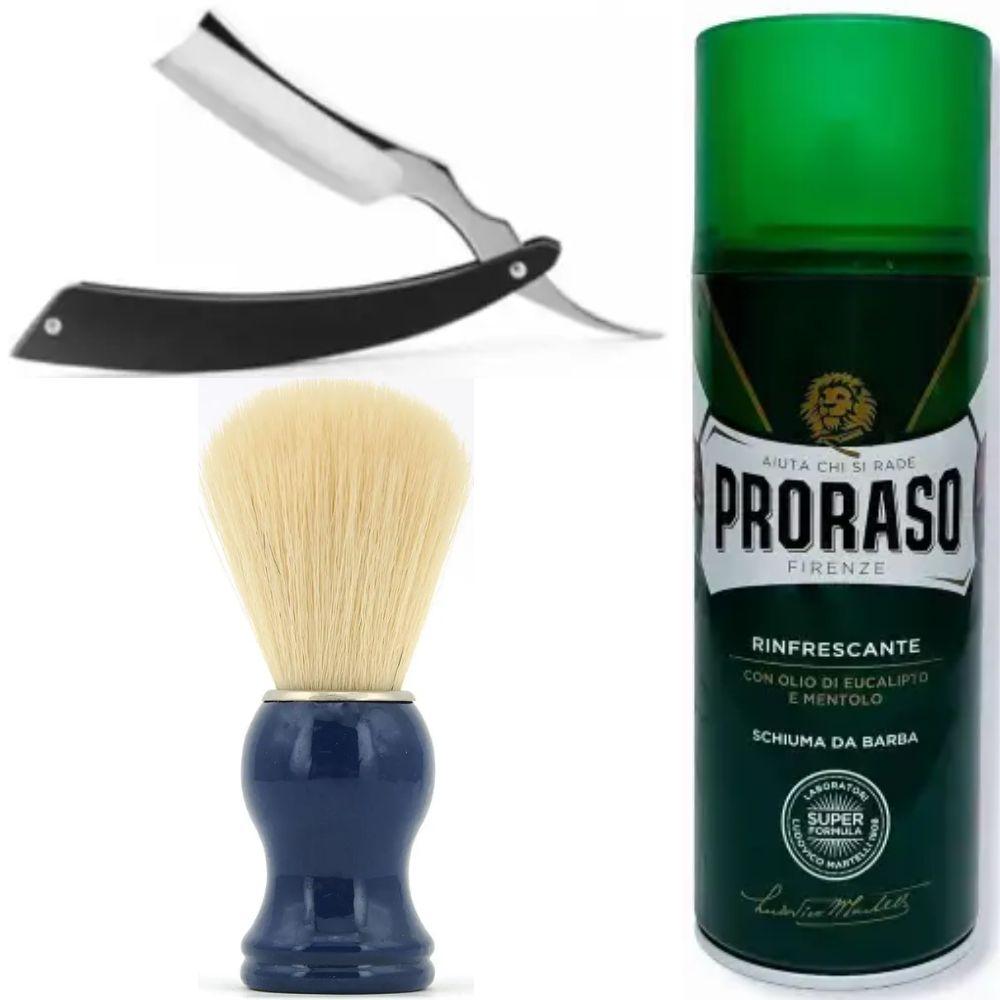Небезпечна бритва/шавета розкладна Straight Razor + помазок SHIMA синій + піна для гоління Proraso тонізуюча евкаліпт і ментол, фото 1