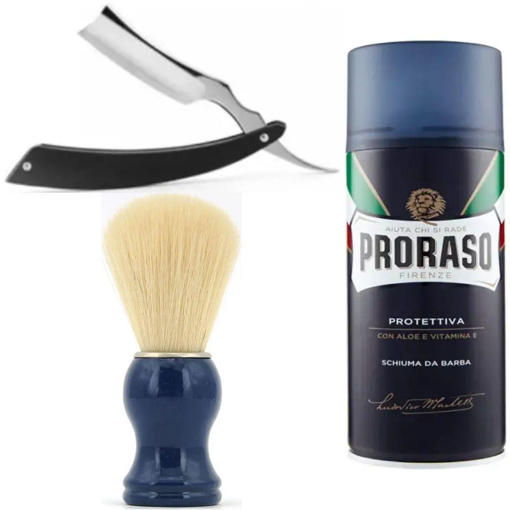 Небезпечна бритва/шавета розкладна StraightRazor + помазок SHIMA синій + піна для гоління Proraso з екстрактом алое та вітаміном Е, фото 1