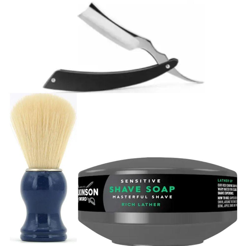 Небезпечна бритва/шавета розкладна Straight Razor + помазок SHIMA синій + мило для гоління Wilkinson Sword для чутливої шкіри 125г, фото 1