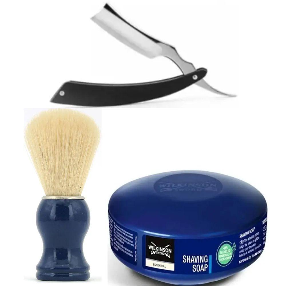 Небезпечна бритва/шавета розкладна Straight Razor + помазок SHIMA синій + мило для гоління Wilkinson Essential 125г, фото 1