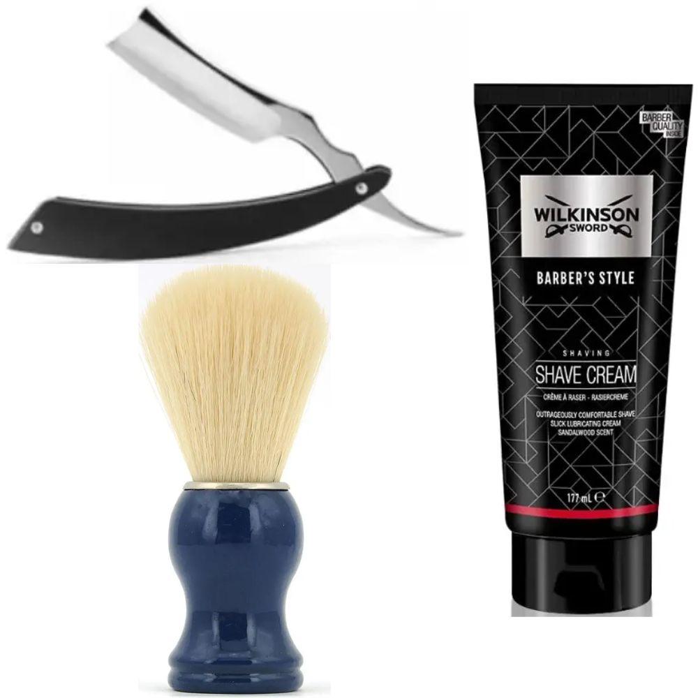 Небезпечна бритва/шавета розкладна Straight Razor + помазок SHIMA синій + крем для гоління Wilkinson Sword Barber's Style Shave, фото 1