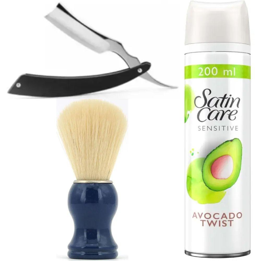 Небезпечна бритва/шавета розкладна Straight Razor + помазок SHIMA синій + гель для гоління Gillette Satin Care Gel Avocado 200 мл, фото 1