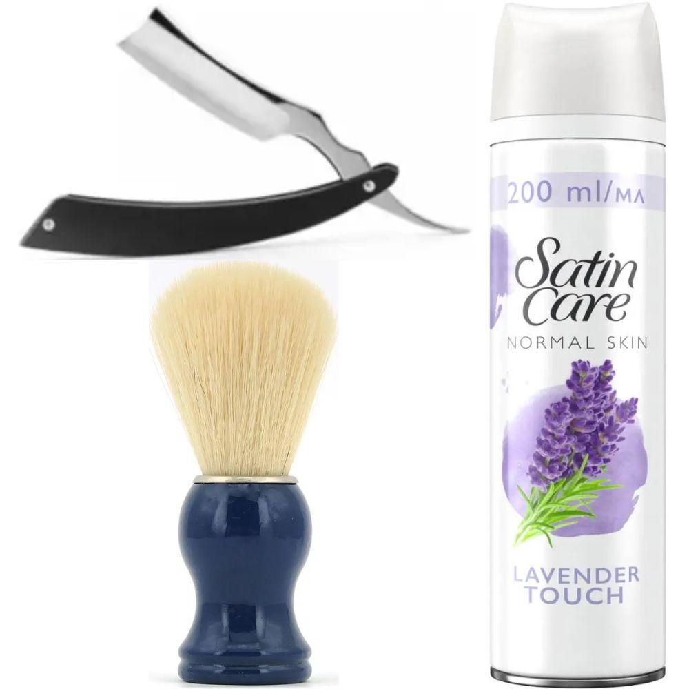 Небезпечна бритва/шавета розкладна Straight Razor + помазок SHIMA синій + гель для гоління Gillette Satin Care Gel Lavender 200 мл, фото 1