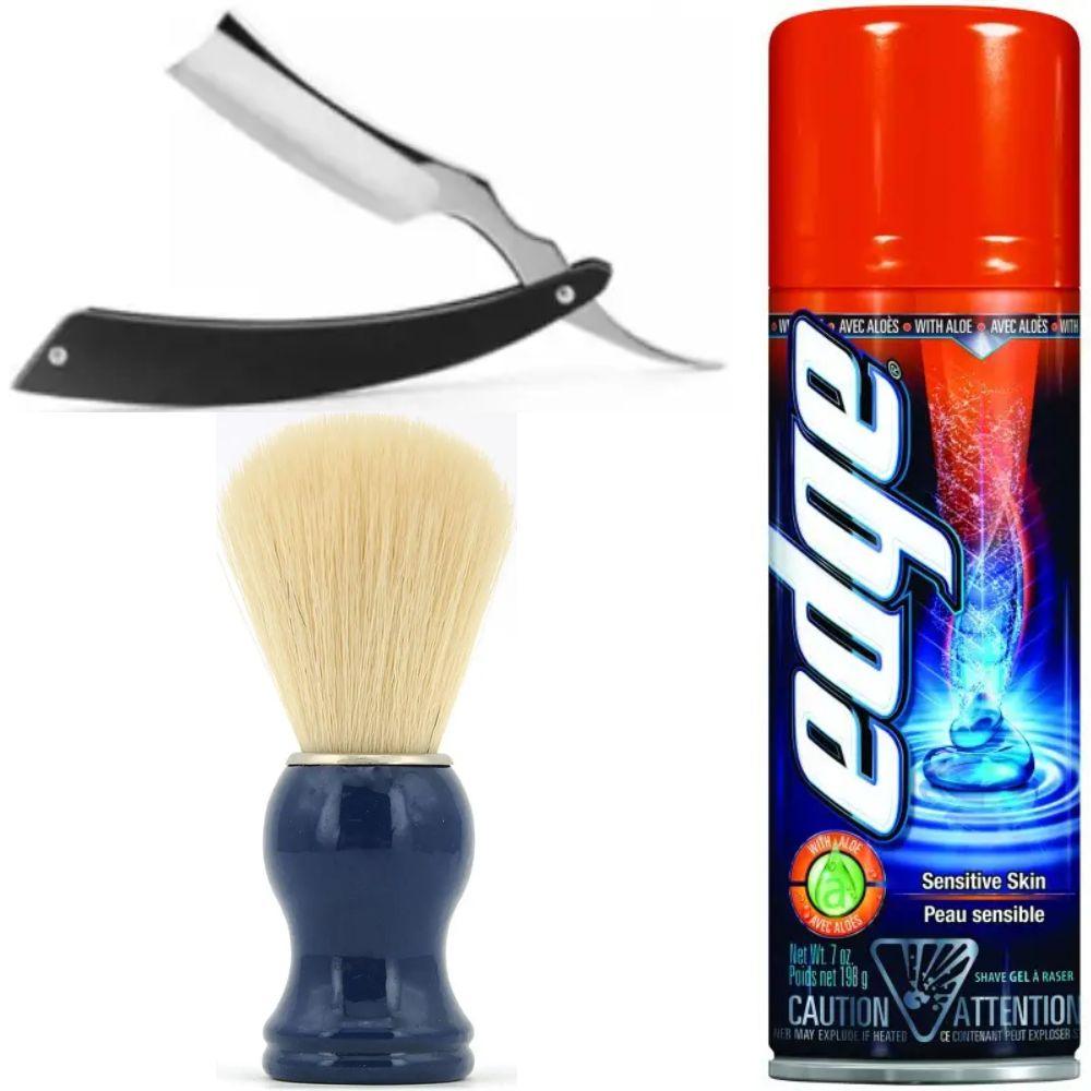 Небезпечна бритва/шавета розкладна Straight Razor + помазок SHIMA синій + гель для гоління Wilkinson Sword EDGE Sensitive, фото 1