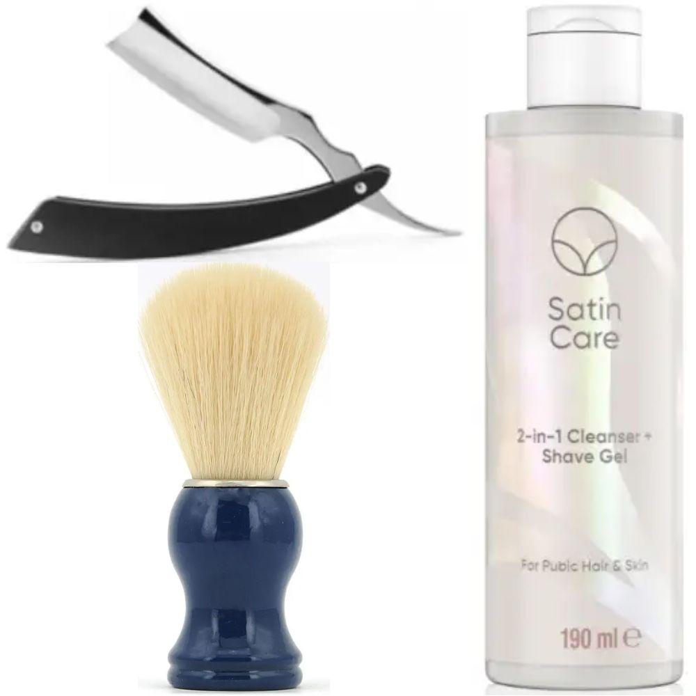 Небезпечна бритва/шавета розкладна Straight Razor + помазок SHIMA синій + гель для гоління Gillette Venus Venus Satin Care 2 в 1, фото 1