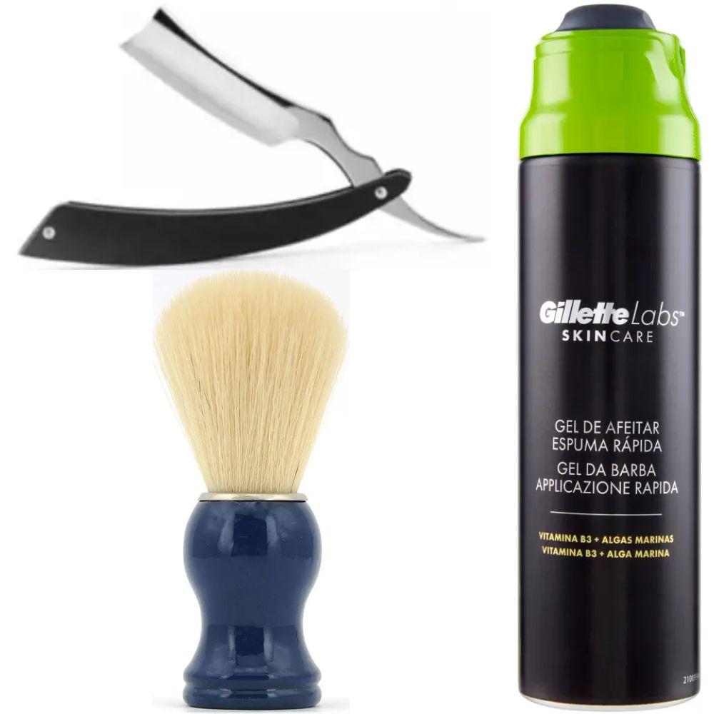 Небезпечна бритва/шавета розкладна Straight Razor + помазок SHIMA синій + гель для гоління Gillette Labs Gel 198 мл, фото 1