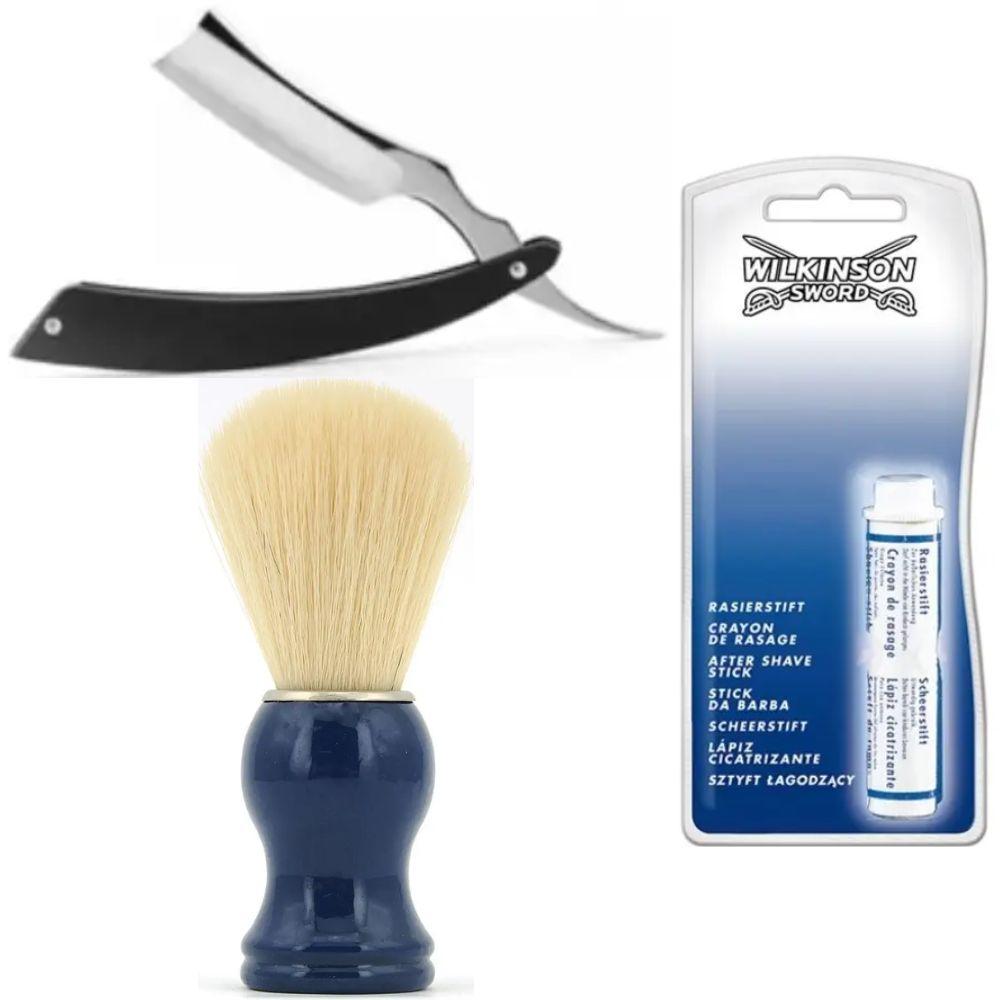 Небезпечна бритва/шавета розкладна Straight Razor + помазок SHIMA синій + кровоспинний олівець Wilkinson Sword After Shave Stick, фото 1