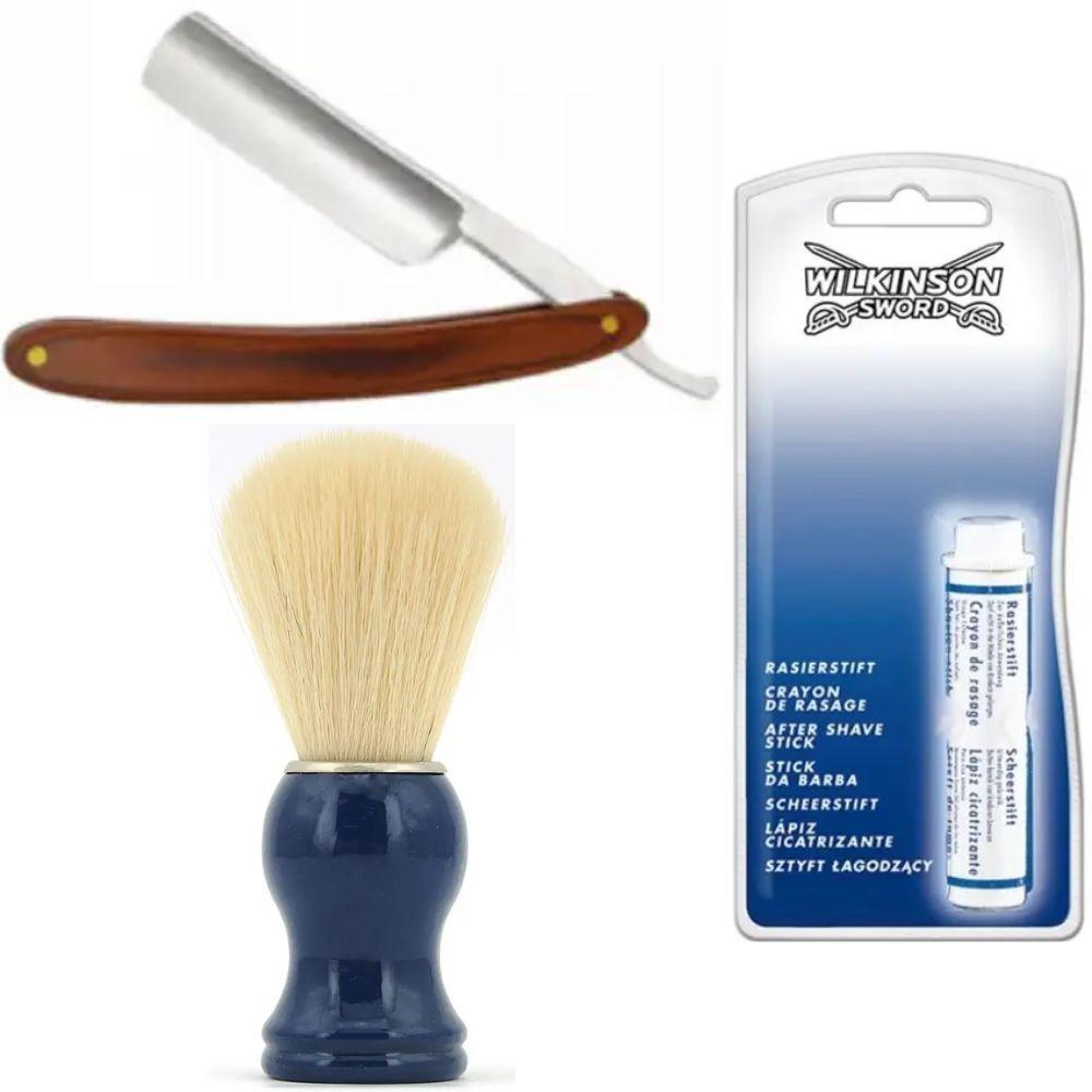 Небезпечна бритва/шавета розкладна Straight Razor + помазок SHIMA синій + кровоспинний олівець Wilkinson Sword After Shave Stick, фото 1