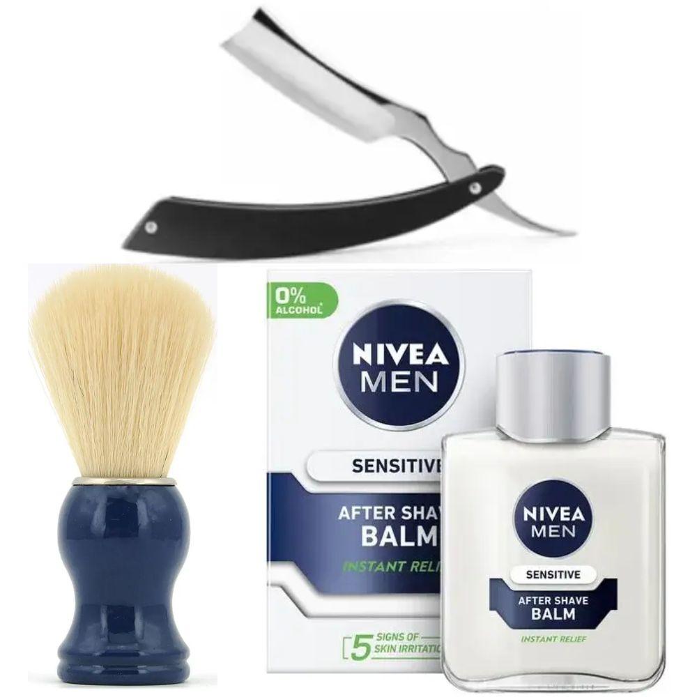 Небезпечна бритва/шавета розкладна Straight Razor + помазок SHIMA синій + бальзам після гоління Nivea Men Sensitivе 100 мл, фото 1