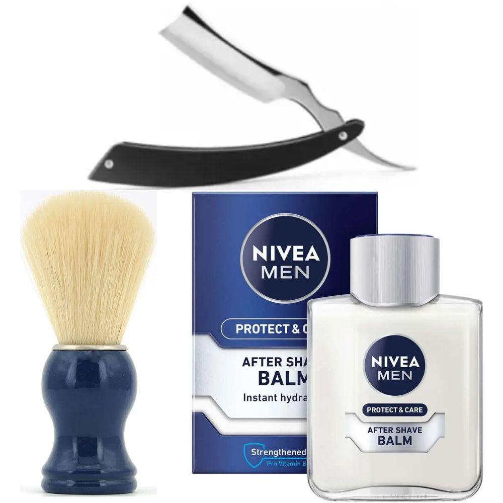 Небезпечна бритва/шавета розкладна Straight Razor + помазок SHIMA синій + бальзам після гоління Nivea Men Protect & Care 100 мл, фото 1