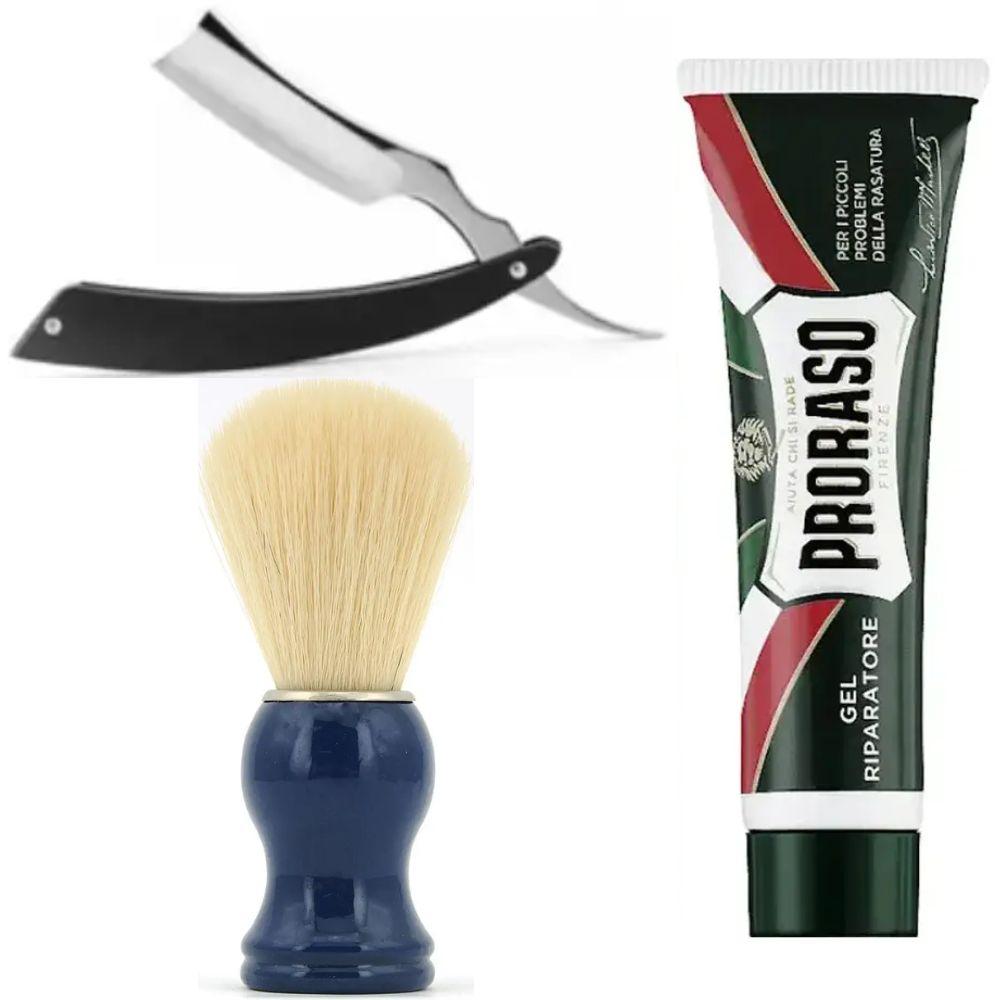 Небезпечна бритва/шавета розкладна Straight Razor + помазок SHIMA синій + гель від порізів Proraso Razor Cut Repair Gel, фото 1