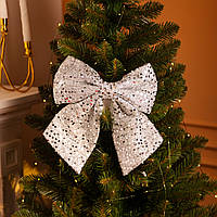 Бант новорічний для декору з паєтками на ялинку 25×35 (см) великий новорічний бант на маківку ялинки Сріблястий