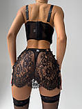 Чорна мереживна жіноча білизна трійка, білизна з корсетом спідниця-пояс і трусики, фото 7