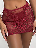Червона мереживна жіноча білизна трійка, білизна з корсетом спідниця-пояс і трусики, фото 4