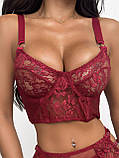 Червона мереживна жіноча білизна трійка, білизна з корсетом спідниця-пояс і трусики, фото 3