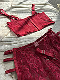 Червона мереживна жіноча білизна трійка, білизна з корсетом спідниця-пояс і трусики, фото 8