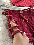 Червона мереживна жіноча білизна трійка, білизна з корсетом спідниця-пояс і трусики, фото 9