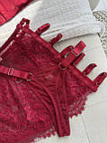 Червона мереживна жіноча білизна трійка, білизна з корсетом спідниця-пояс і трусики, фото 10