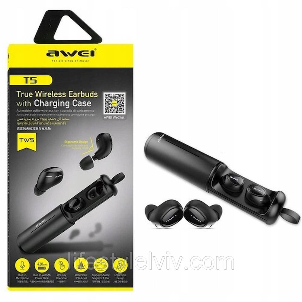Бездротові навушники, Bluetooth, AWEI EARBUDS T5 / Бездротова гарнітури с кейсом, фото 1