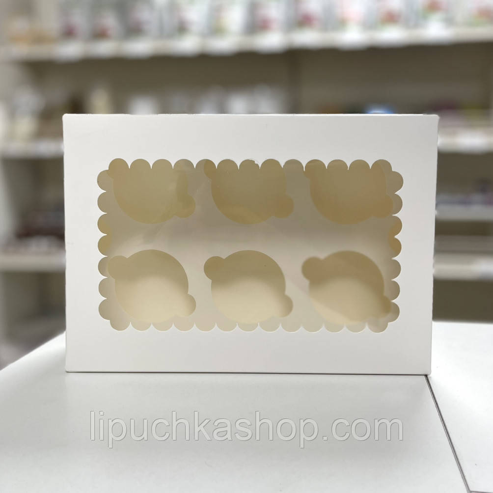 Коробка для 6 капкейків з віконцем 26х18х9 см — біла упаковка для десертів, фото 1