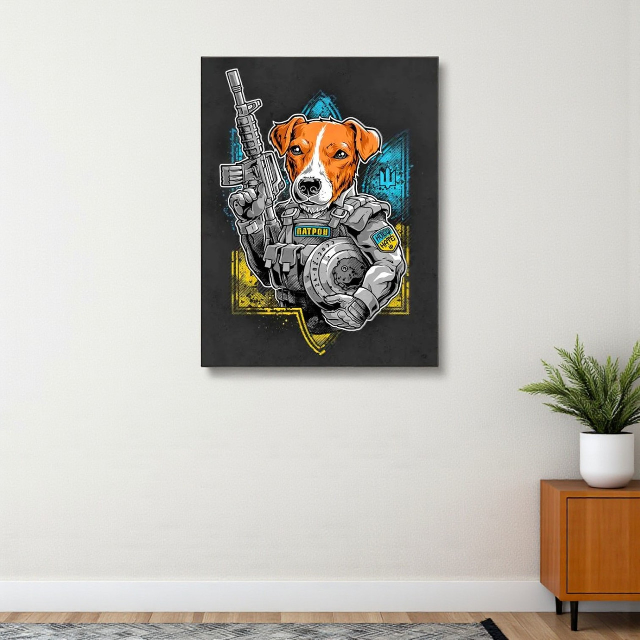 Картина Пес Патрон з автоматом на фоні герба України Патріотичне мистецтво Друк на полотні 30х23см, фото 1