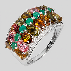 Турмалін різнокольоровий і смарагд срібна каблучка, 0586ЛТ