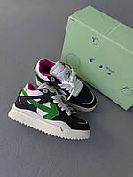 Чорні шкіряні жіночі кросівки OFF WHITE | SPONGE MID TOP BLACK / GREEN / PINK premium Демісезонні повсякденні офф-вайт