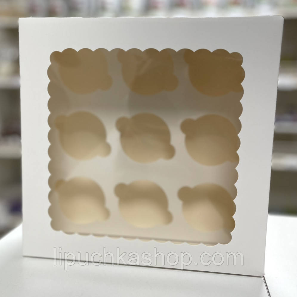 Коробка для 9 капкейків з віконцем 25х25х10 см — біла упаковка для десертів, фото 1