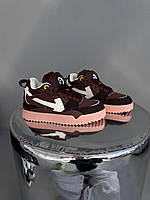 Коричневі шкіряні жіночі кросівки OFF WHITE | SPONGE MID TOP BROWN / WHITE premium Демісезонні повсякденні офф-вайт
