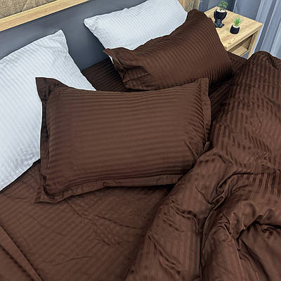 Комплект постільної білизни Страйп-сатин Двоспальний 180х220 з простирадлом на резинці 160х200х25 Шоколадний (88-185)