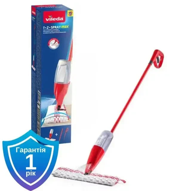Швабра Vileda 1-2 Spray Max BOX Mop, з резервуаром 750 мл, двостороння мікрофібра, поворотна головка 180°, фото 1