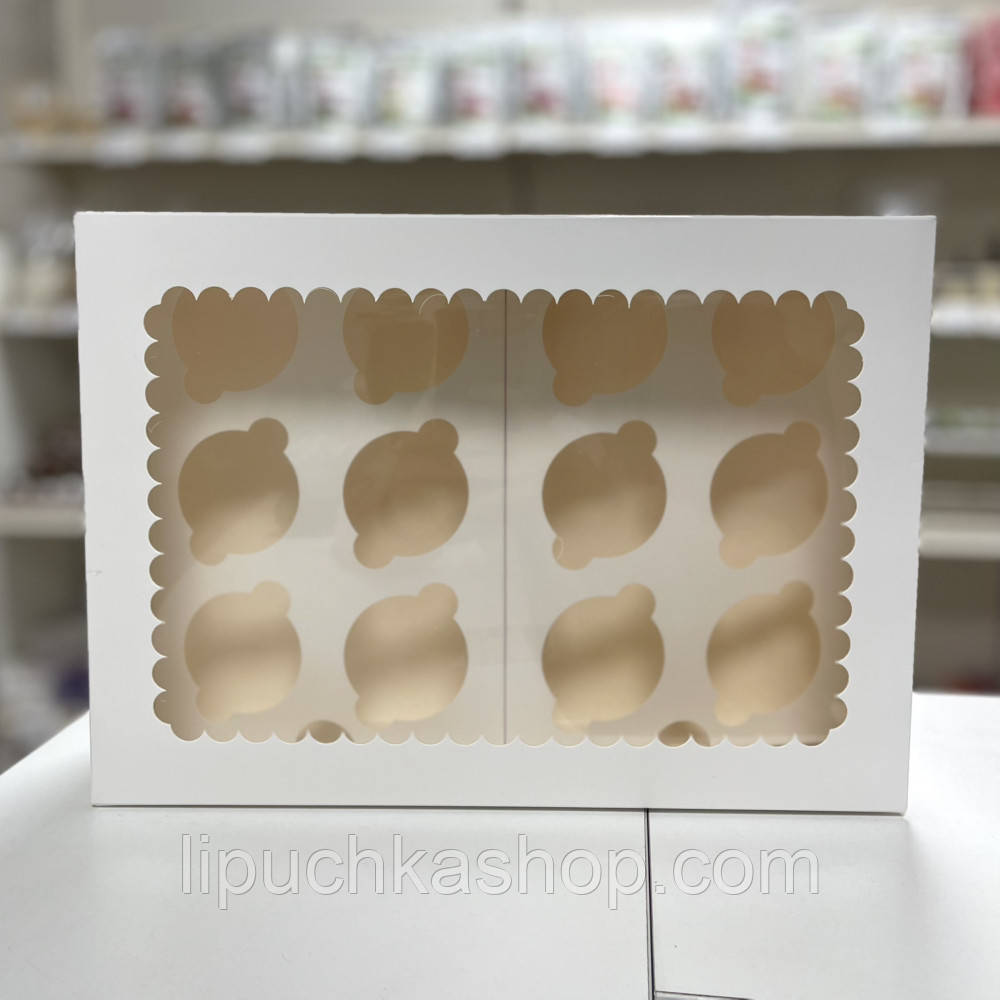 Коробка для 12 капкейків з віконцем 36х26х10 см — біла упаковка для десертів, фото 1