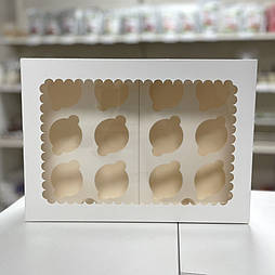 Коробка для 12 капкейків з віконцем 36х26х10 см — біла упаковка для десертів