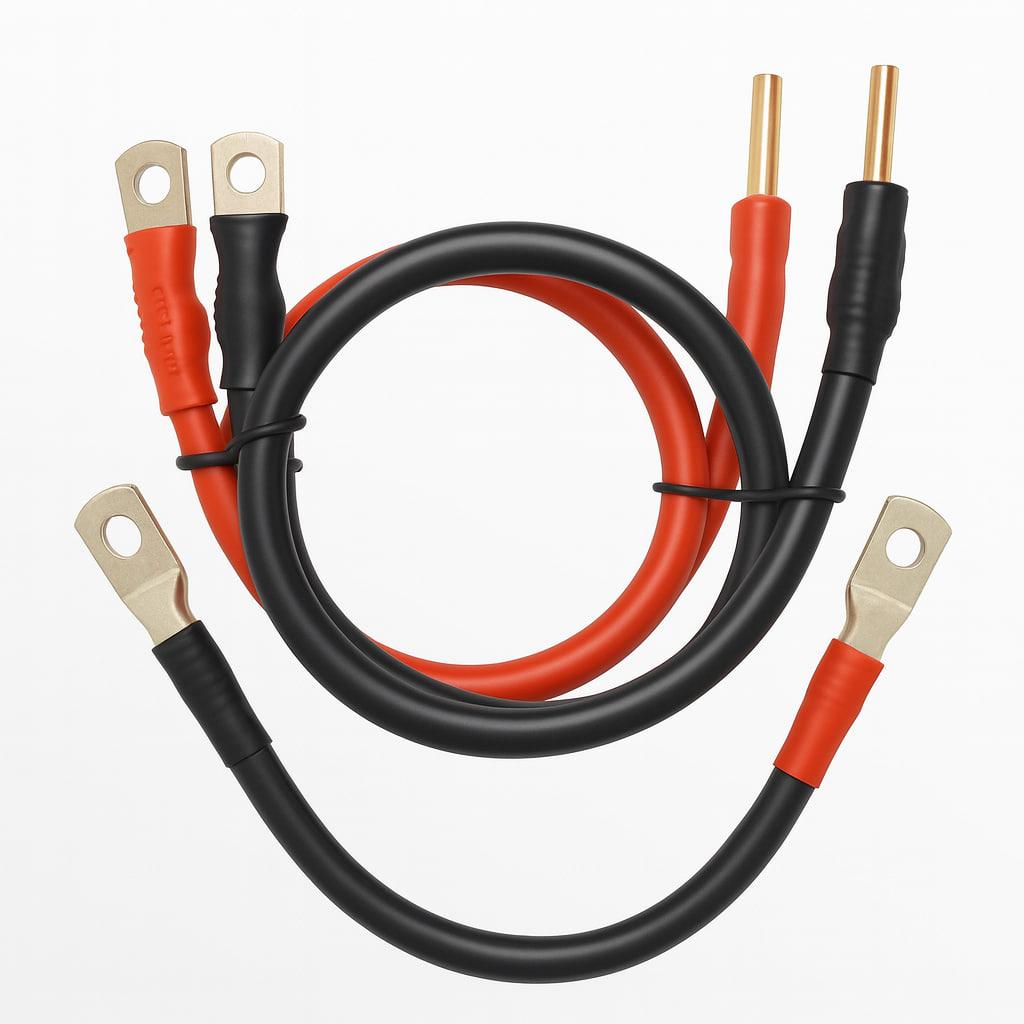 Комплект силових кабелів (2 шт + перемичка) для під'єднання інвертора до акумулятора (1 м, мідь 16 мм2, червоний + чорний), фото 1