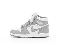 Жіночі зимові кросівки Nike Jordan 1 Mid Light Smoke Grey Winter Fur (сіро-білі) високі на хутрі шкіра Y13007