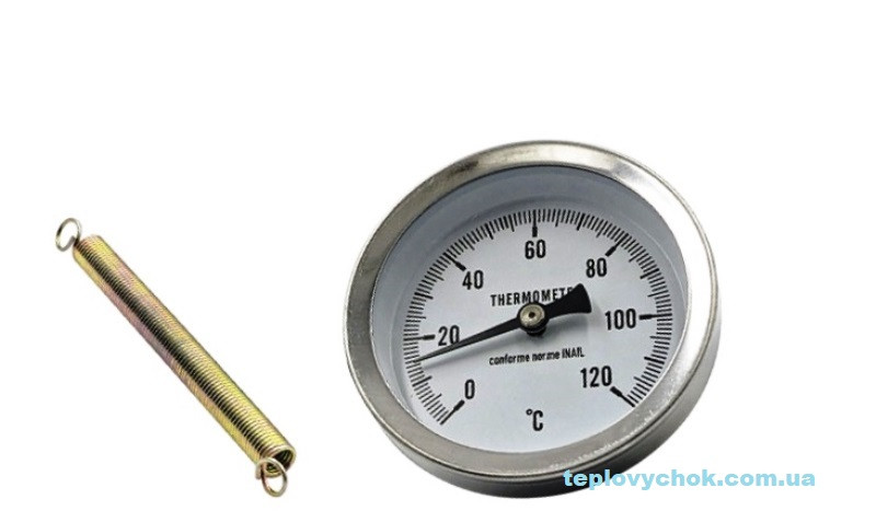 Термометр біметалічний з пружиною для кріплення на трубіD=63 мм, 0-120°C, фото 1