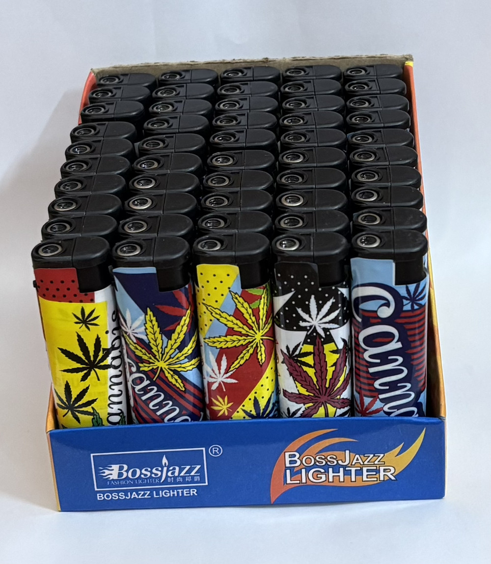 Турбо запальнички BossJazz Cannabis — газові, не гаснуть на вітрі, оптом 50 шт, фото 1