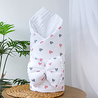 Конверт-плед зі з‘ємним утеплювачем для новонароджених 90×80 з бантом (Сердечка Білий/рожевий)