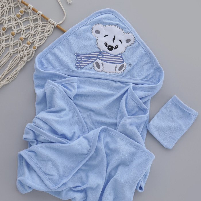 Дитячий махровий рушник з капюшоном 90*85 см (Блакитний ведмедик), фото 1