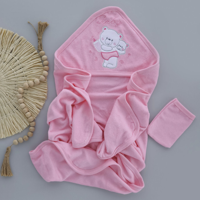 Дитячий махровий рушник з капюшоном 90*85 см (Рожевий ведмедик), фото 1