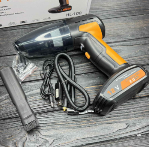 Автомобільний компресор і пилосос 2в1 HL-108, портативний ручний очищувач із манометром та насадками