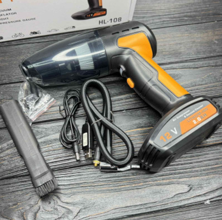Автомобільний компресор і пилосос 2в1 HL-108, портативний ручний очищувач із манометром та насадками, фото 1